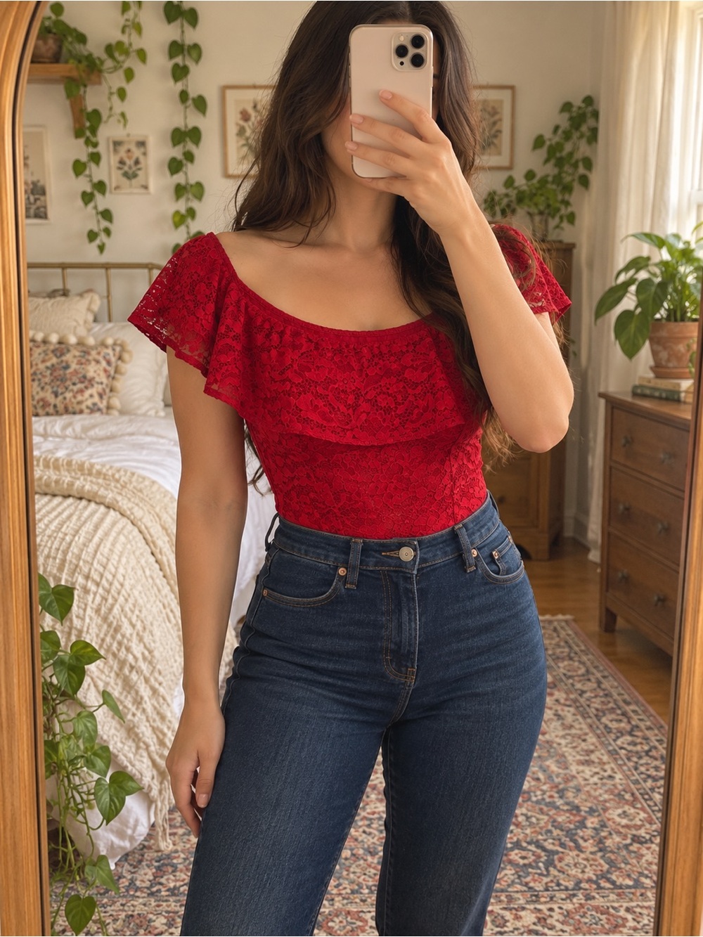 Women's Red Lace Off-Shoulder Top